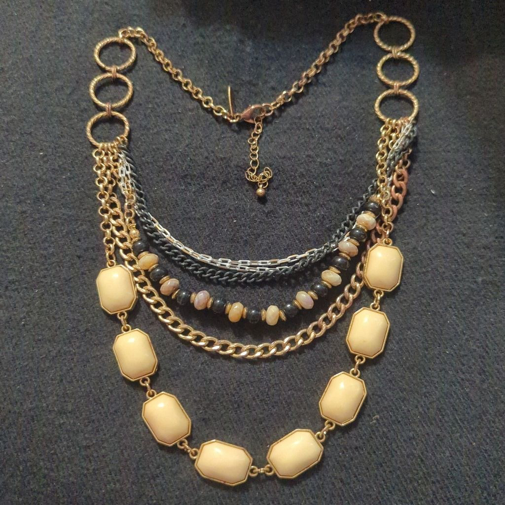 NY and Co Gold Tone Cream Multi Strand Neutral Colors Statement Necklace